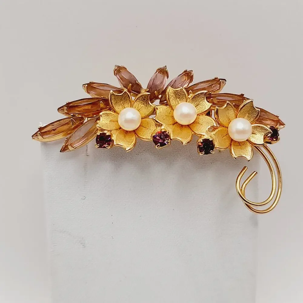 Vintage Floral Brooch, Faux Pearl Flowers, Open Back Rhinestones, 2 1/2